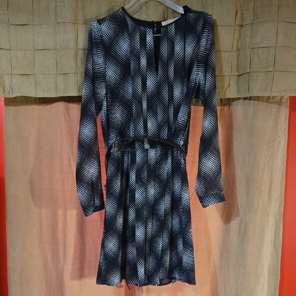 Michael Kors Blue and White Sheath Dress with Bishop Sleeves
